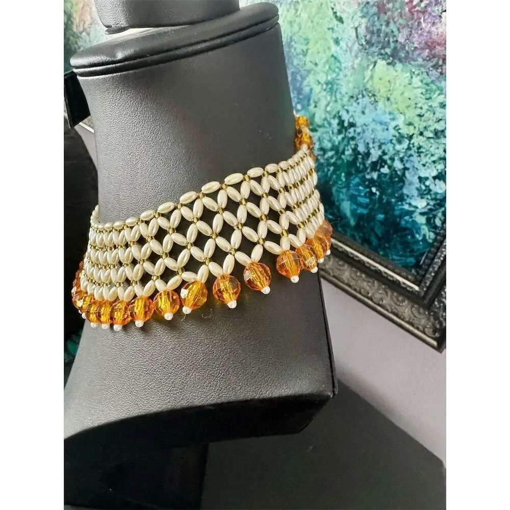 Gold Tone Mesh Choker Necklace with Amber Beads Adjustable Clasp